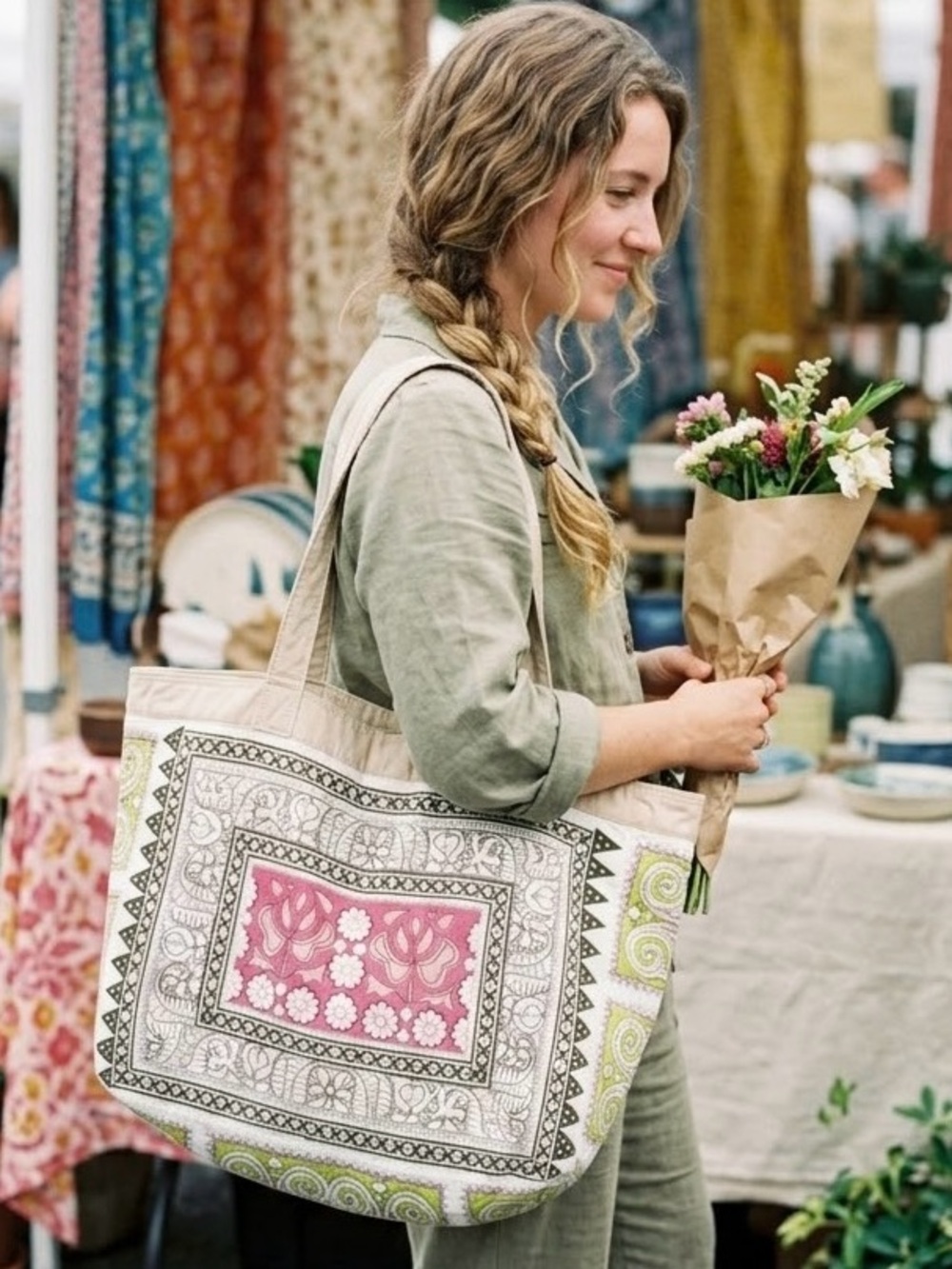American Eagle Boho Quilted Block Print Tote Bag | Pink Green Beige Shoulder Tot